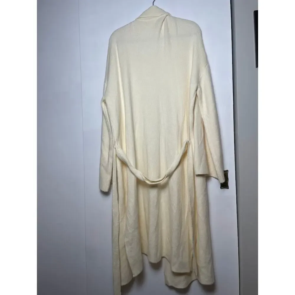 Blueivy BELTED KNIT Ivory CARDIGAN‎ Womens L Cozy Chic Cream Long Open Sweater